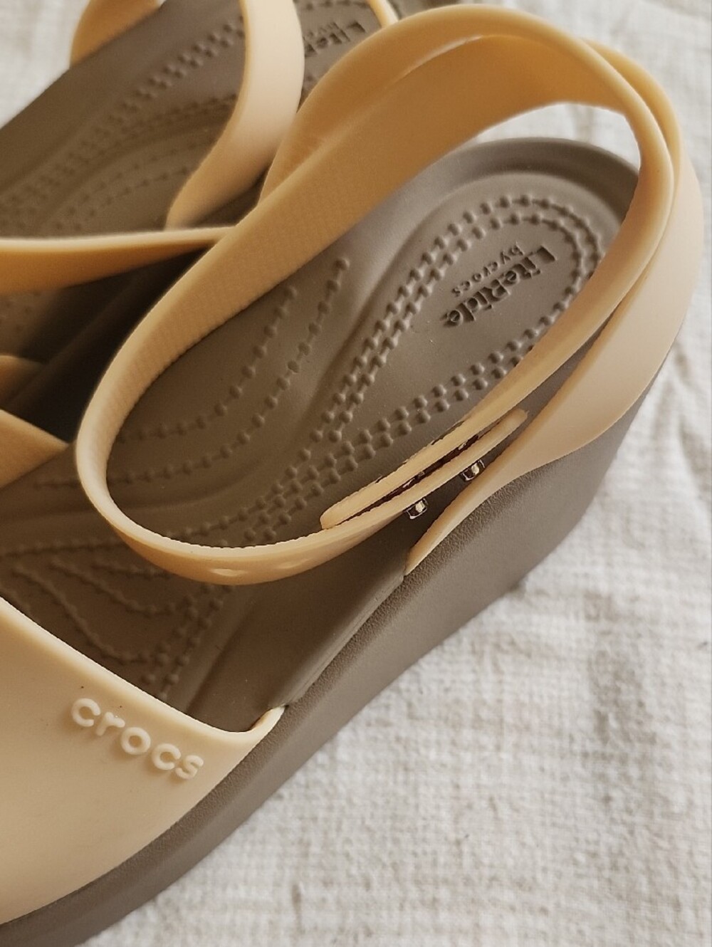 CROCS Women's Beige and Brown Wedge Sandals - Picture 2 of 9